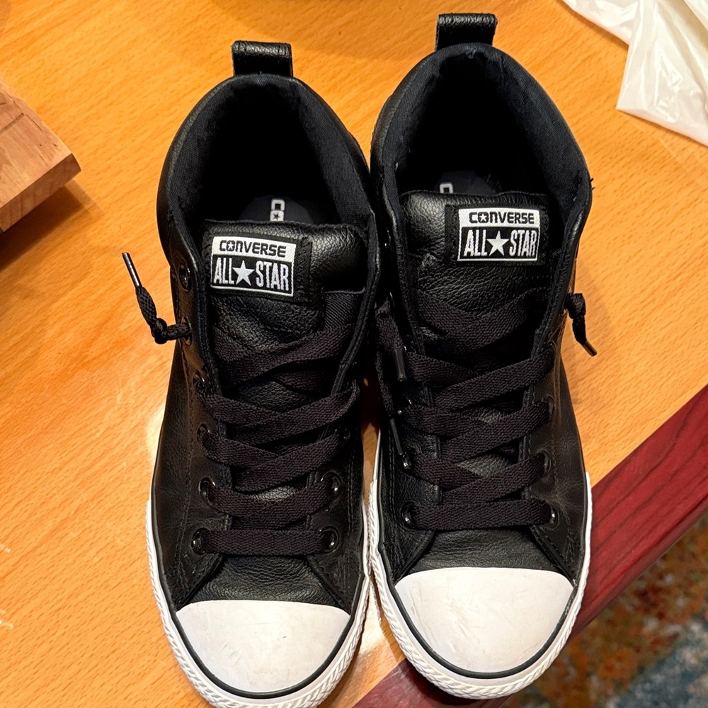 Converse Black Leather High-Tops with White Soles